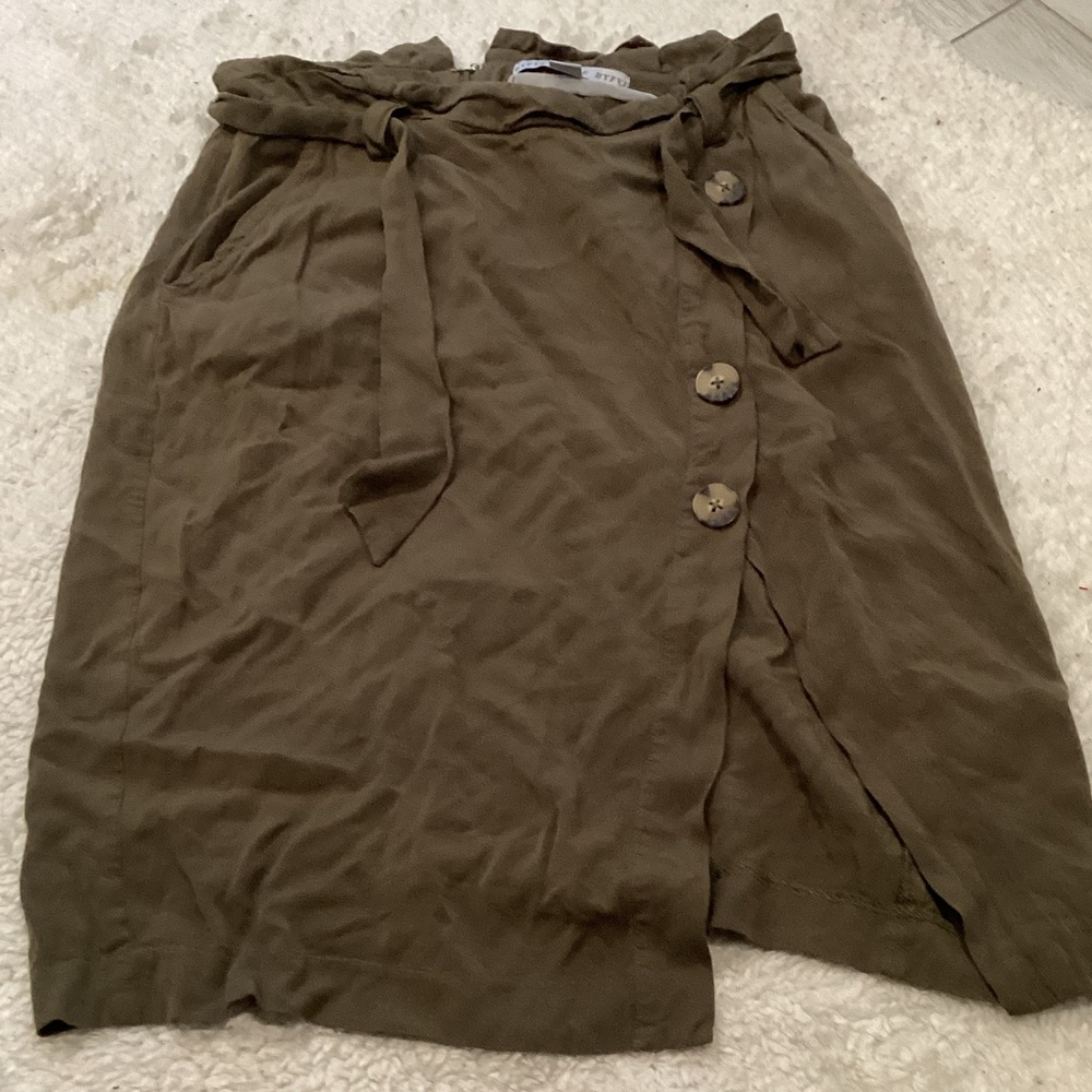 HYFVE Olive Green Paperbag Waist Midi Skirt with Button Front